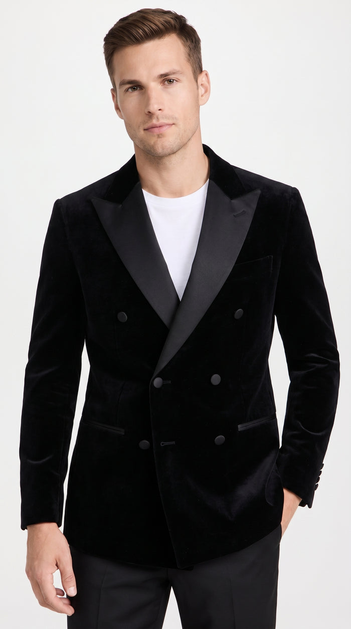 Men’s Black Velvet Double Breasted Blazer with Satin Peak Lapel, Formal Tuxedo Dinner Jacket