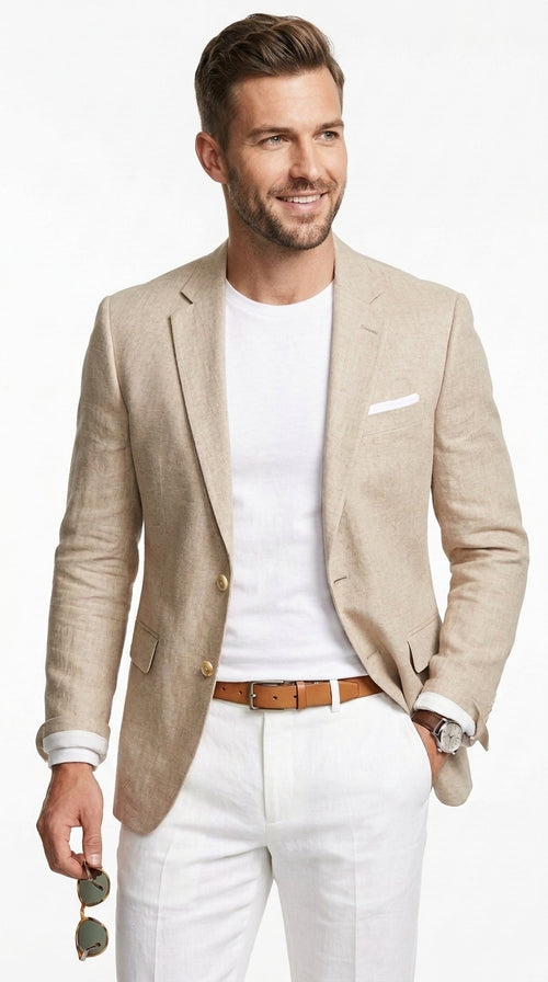 Men’s Sand Linen Cotton 2 Button Sport Coat, Long Sleeve Dress Casual Blazer