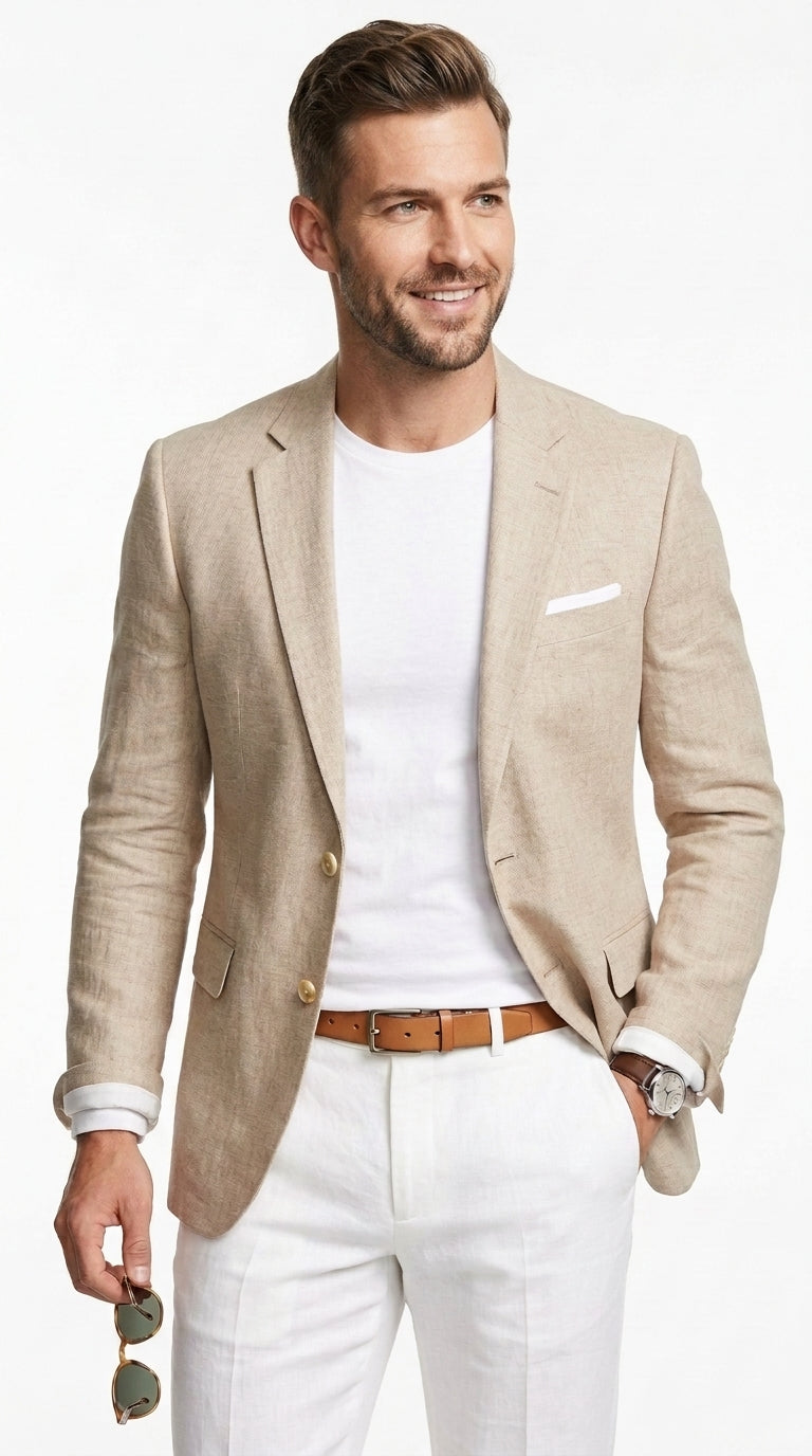 Men’s Sand Linen Cotton 2 Button Sport Coat, Long Sleeve Dress Casual Blazer