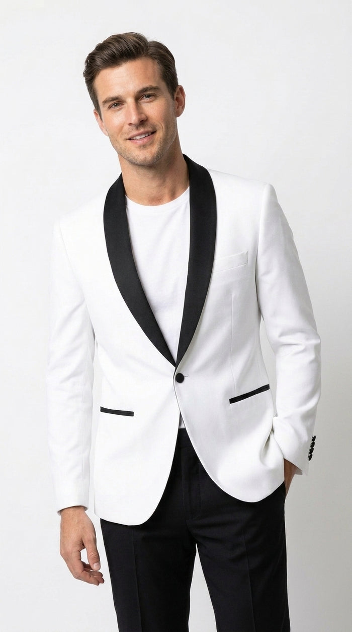 Men’s White Tuxedo Dinner Jacket with Black Shawl Lapel, Formal Wedding Prom Blazer