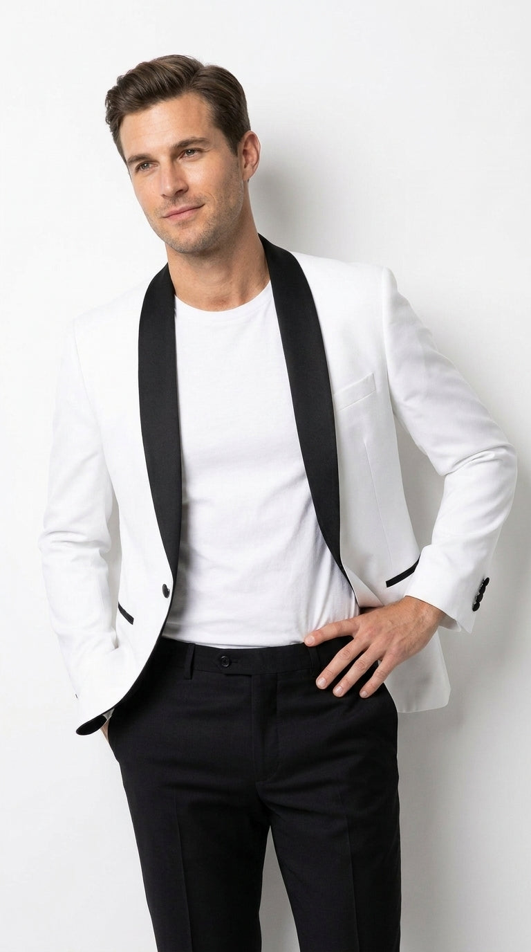 Men’s White Tuxedo Dinner Jacket with Black Shawl Lapel, Formal Wedding Prom Blazer