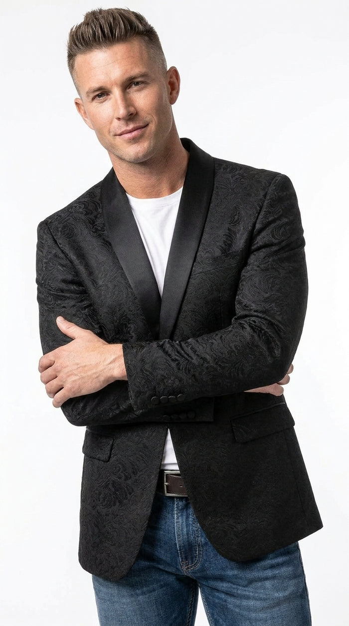 Men’s Black Paisley Jacquard Western Blazer with Satin Shawl Lapel, Formal Designer Sport Coat