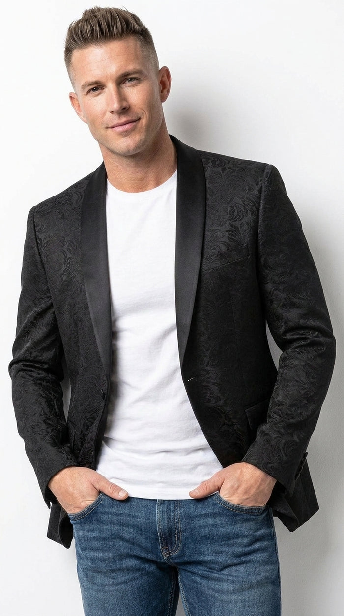 Men’s Black Paisley Jacquard Western Blazer with Satin Shawl Lapel, Formal Designer Sport Coat