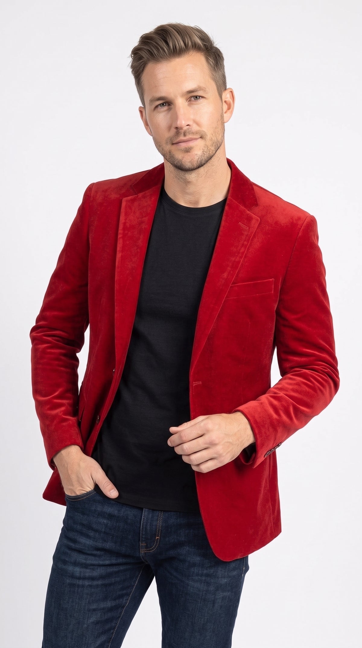 Men’s Red Velvet Blazer, Big and Tall 2 Button Formal Sport Coat for Weddings Prom and Parties