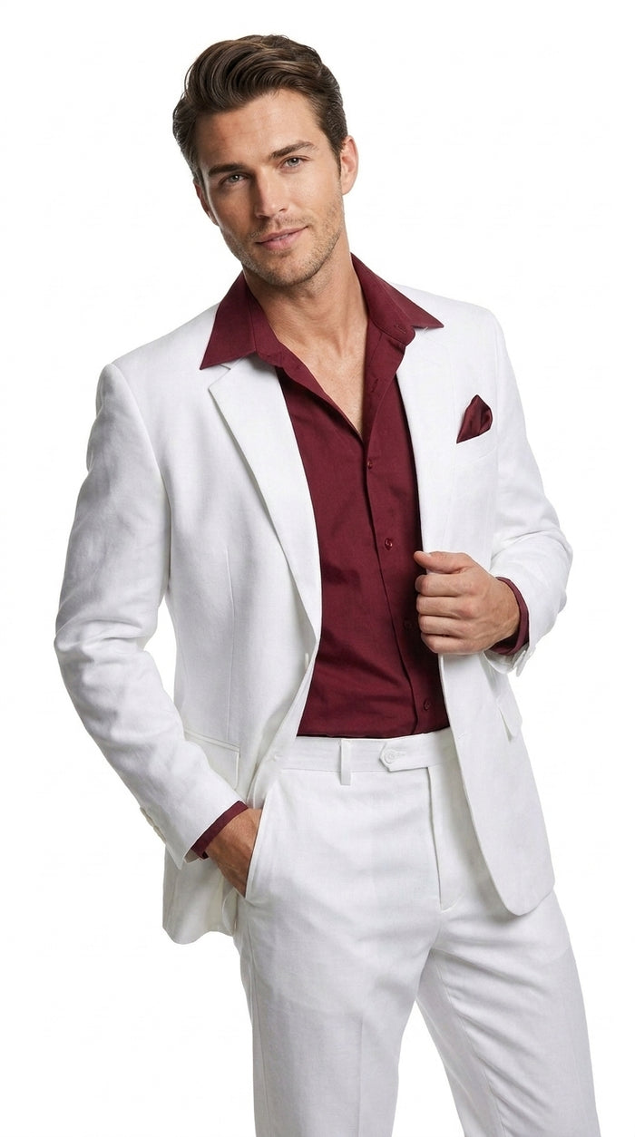 Men’s White Scarface Inspired Suit with Red Shirt, Tony Montana Style Costume Party Suit