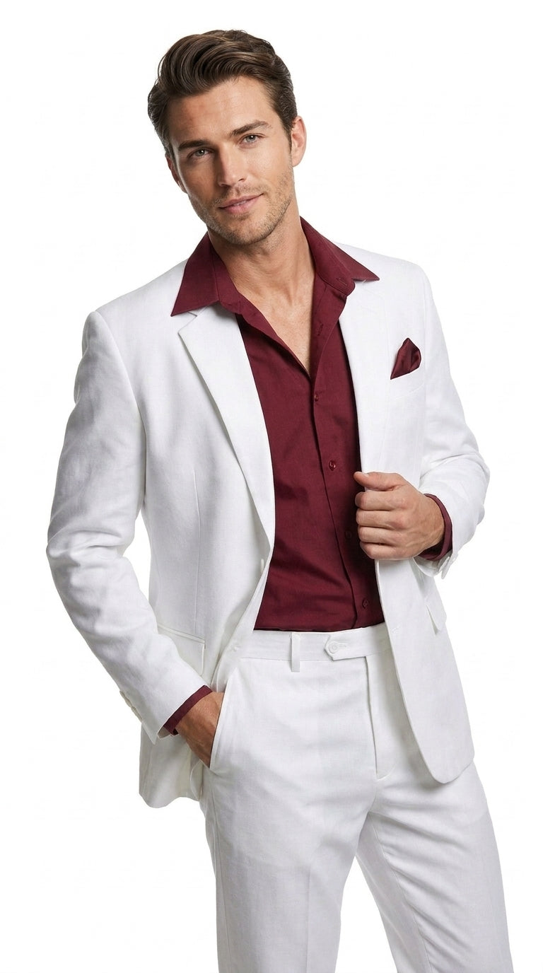 Men’s White Scarface Inspired Suit with Red Shirt, Tony Montana Style Costume Party Suit