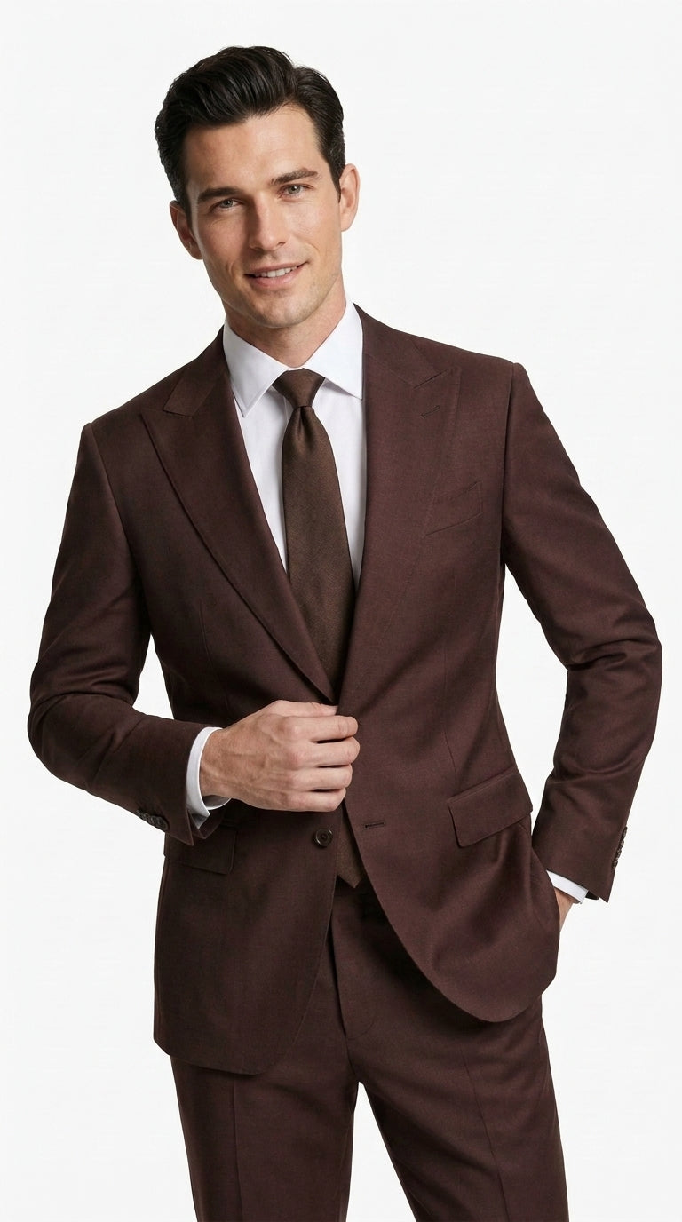 Statement Men’s Brown 2 Piece Wool Suit, Modern Fit Formal Wedding Business Suit with Pic Stitching