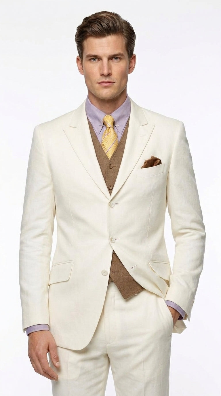 Men’s Off White Great Gatsby Suit, Leonardo DiCaprio Inspired 1920s Wedding Prom Dress Suit