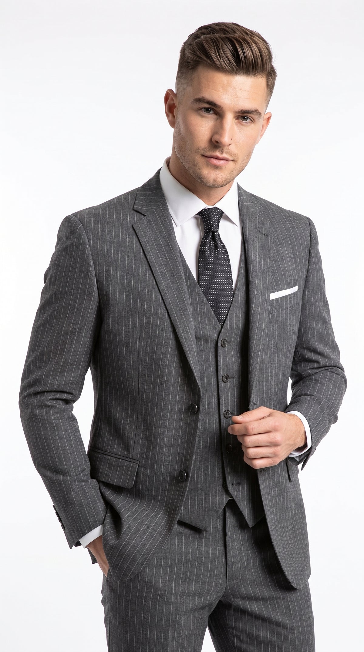Men’s Charcoal Grey Pinstripe 3-Piece Wool Suit – 2 Button Modern Fit Vested Business & Wedding Suit