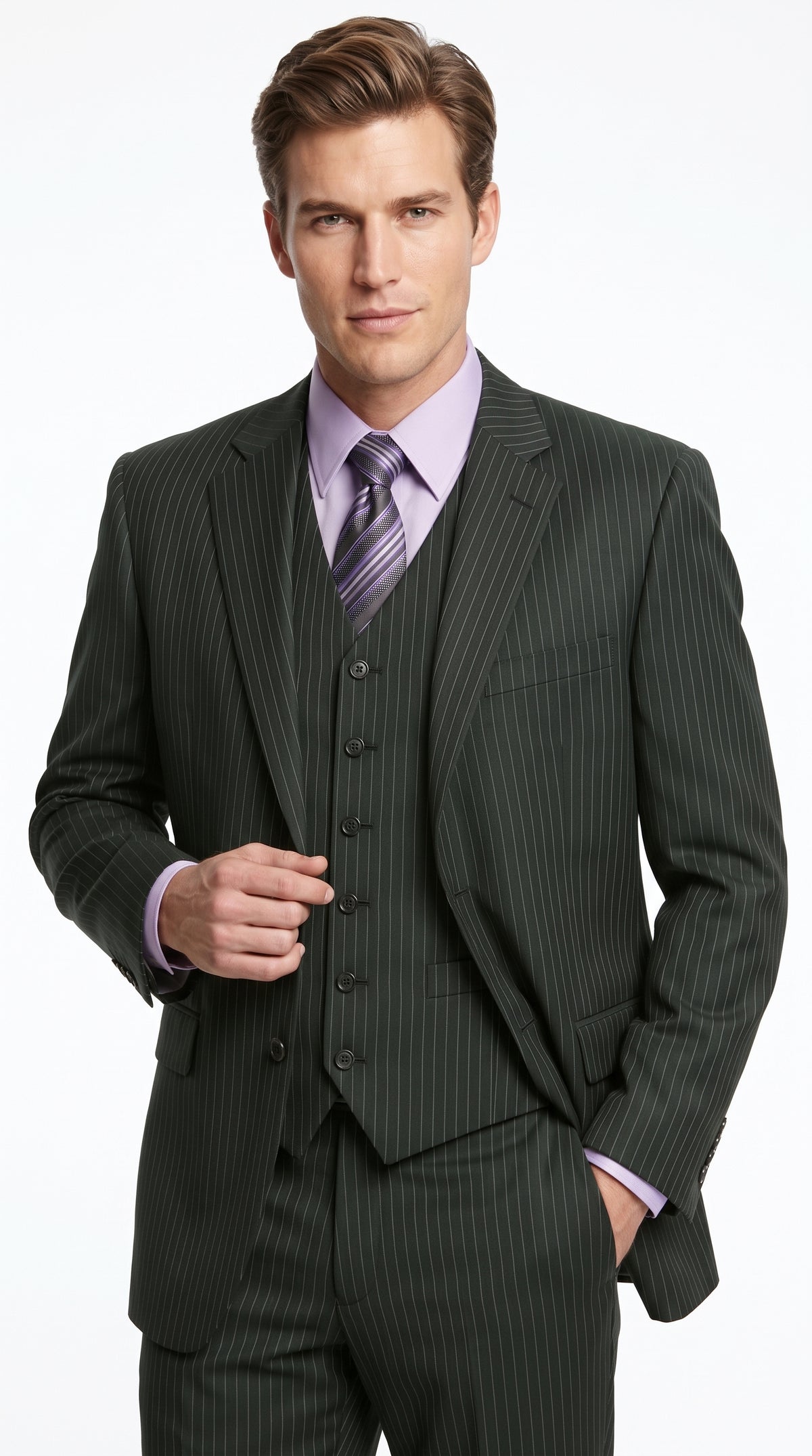 Men’s Black Pinstripe 3 Piece Suit, Vested 2 Button Formal Wedding Business Suit