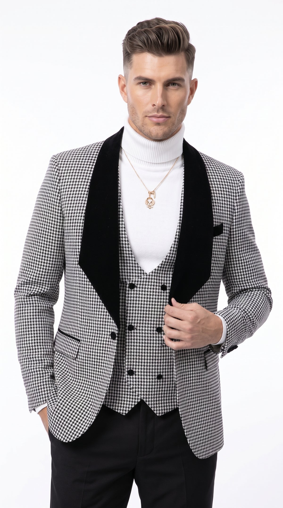 Men's Black & White Houndstooth 3-Piece Tuxedo Suit – One Button Shawl Lapel Vested Formal Wedding Suit