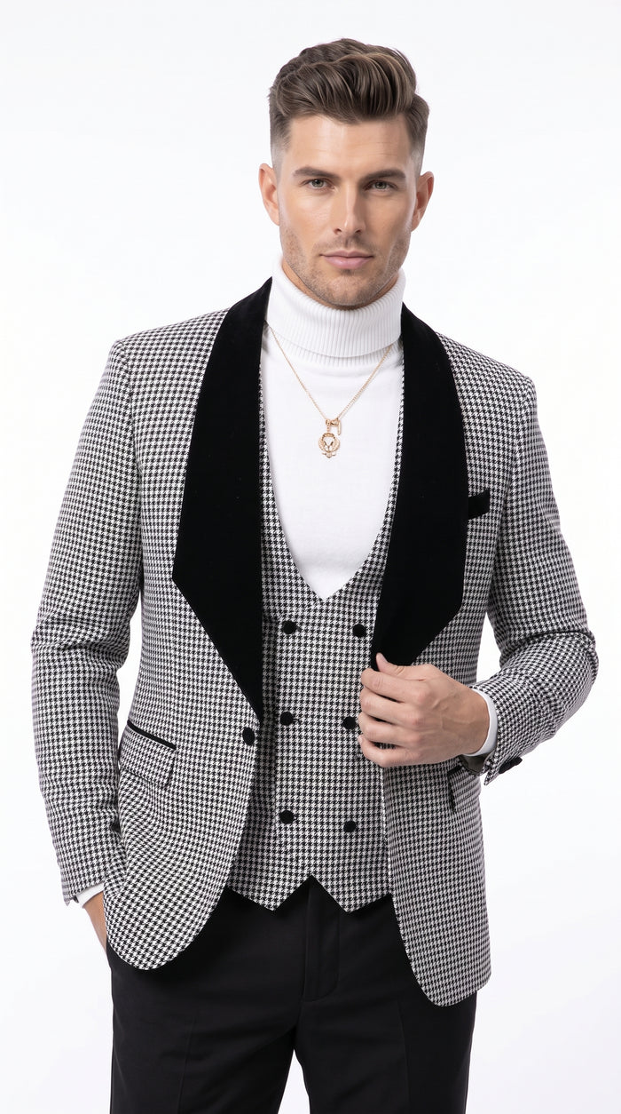 Men's Black & White Houndstooth 3-Piece Tuxedo Suit – One Button Shawl Lapel Vested Formal Wedding Suit