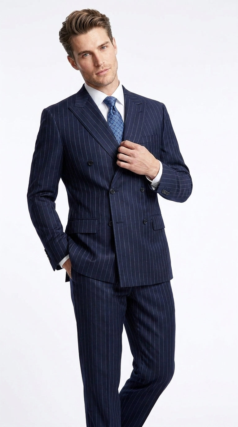 Men’s Dark Navy Blue Double Breasted Pinstripe Suit, Side Vent Jacket with Pleated Pants