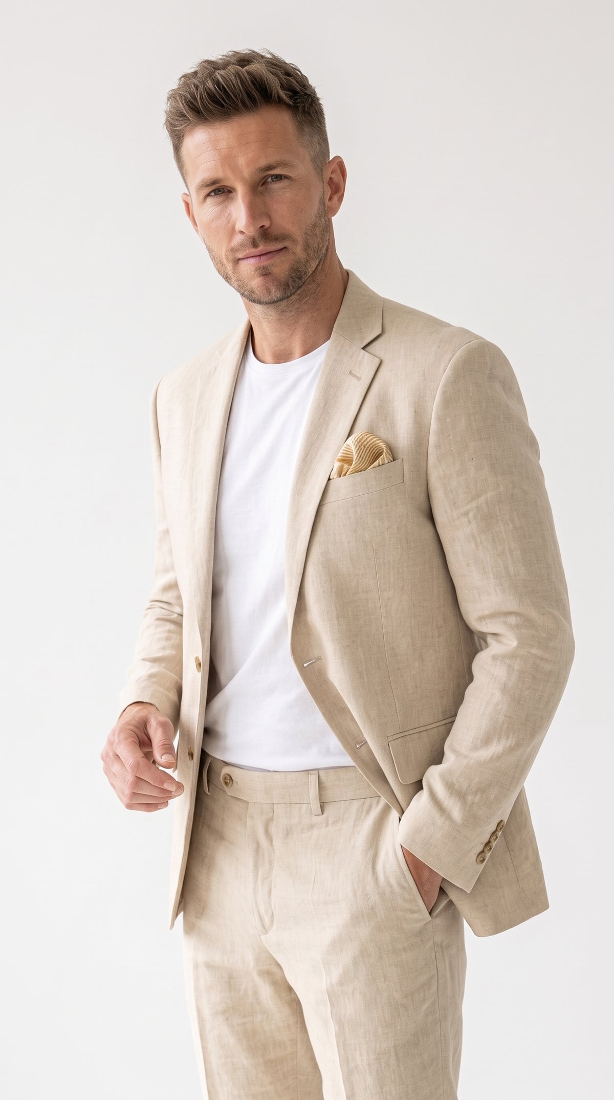 Men’s Tan Linen Blend 2 Piece Suit, Modern Fit Notch Lapel Summer Wedding Suit