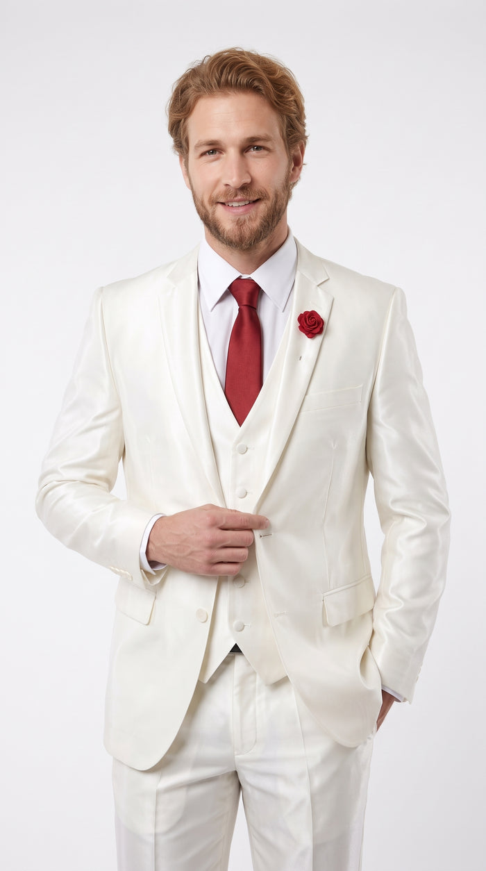 Tazio Men’s White Shiny Sharkskin 3 Piece Suit, Modern Fit Vested Formal Wedding Prom Suit