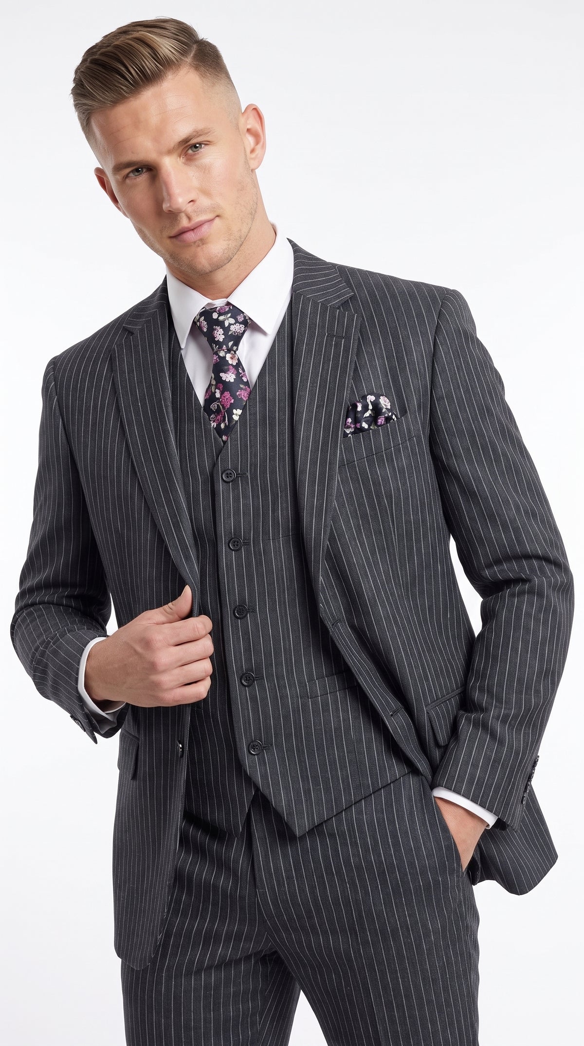 Men's Charcoal Grey Bold Pinstripe 3-Piece Gangster Suit – 2 Button Vested 1920s Vintage Classic Formal Suit