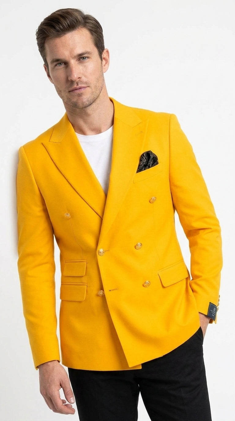 Men’s Gold Double Breasted Blazer, Bright Yellow Formal Sport Coat for Wedding and Party Events