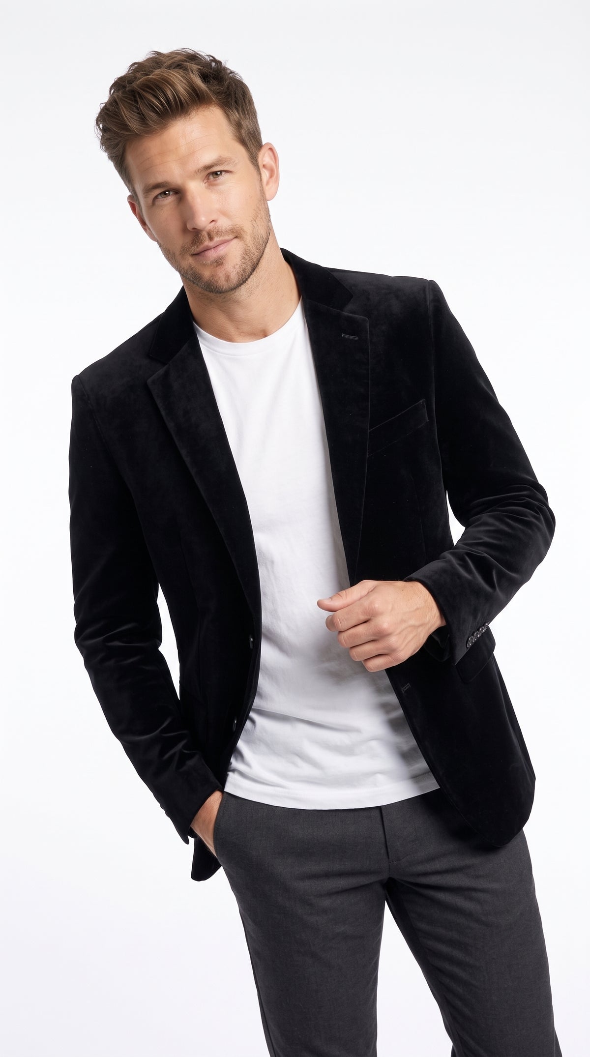 Men’s Black Velvet Blazer, Big and Tall 2 Button Formal Sport Coat for Weddings and Parties