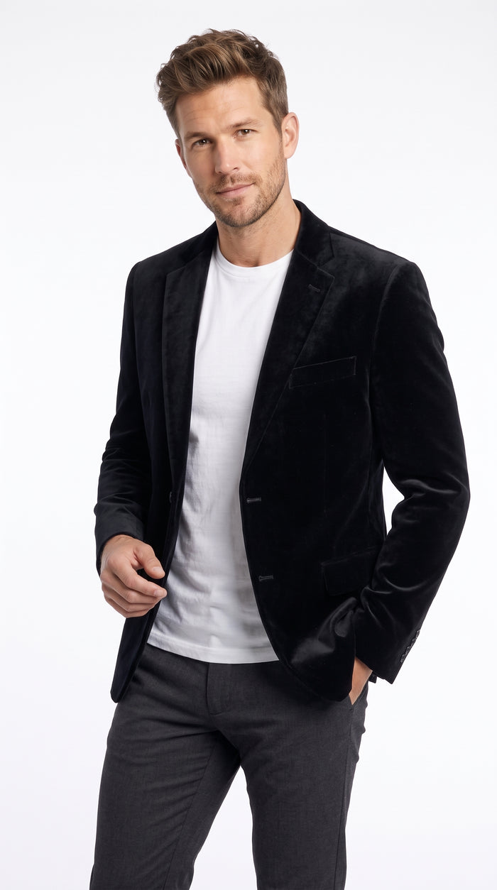 Men’s Black Velvet Blazer, Big and Tall 2 Button Formal Sport Coat for Weddings and Parties