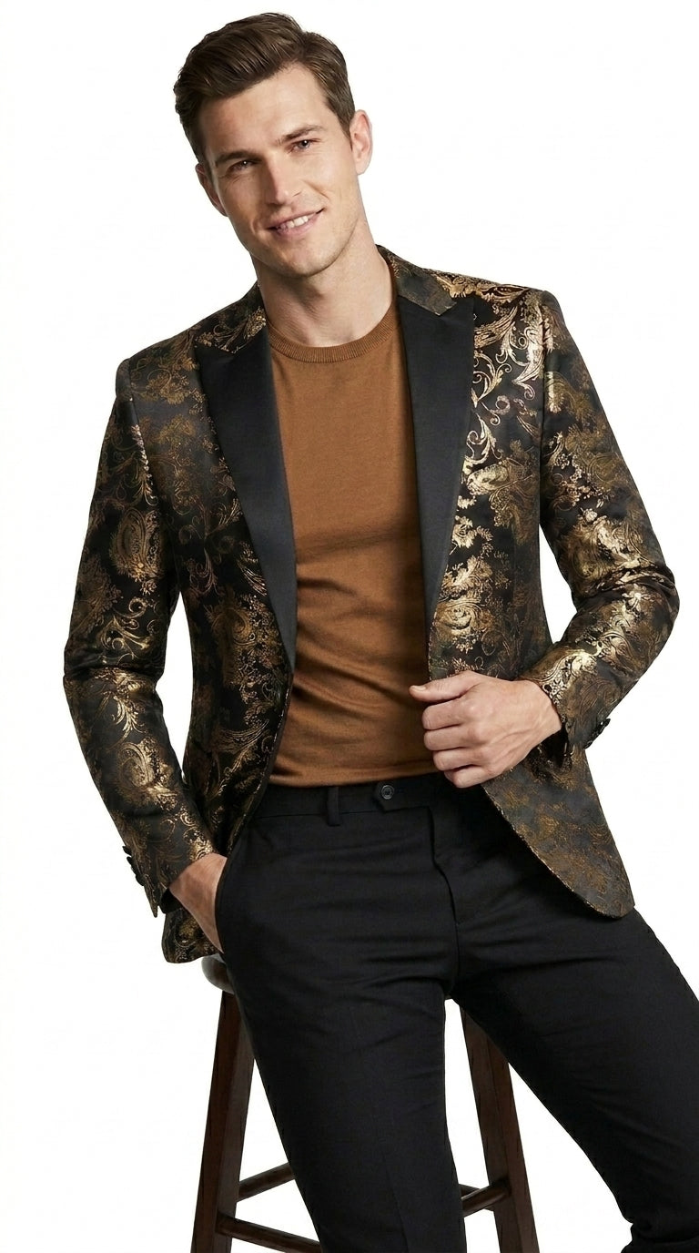 VINCI Men’s Gold and Black Paisley Tuxedo Dinner Jacket – Formal Prom, Wedding and Party Blazer