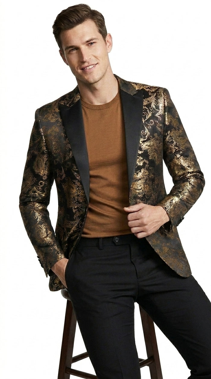 VINCI Men’s Gold and Black Paisley Tuxedo Dinner Jacket – Formal Prom, Wedding and Party Blazer