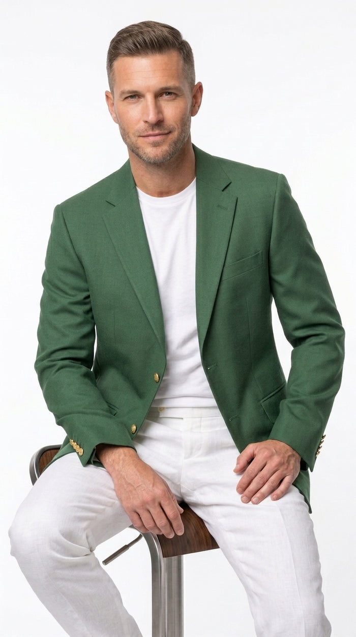 Men’s Green Blazer with Gold Buttons, Four Button Sleeve Dress Casual Sport Coat