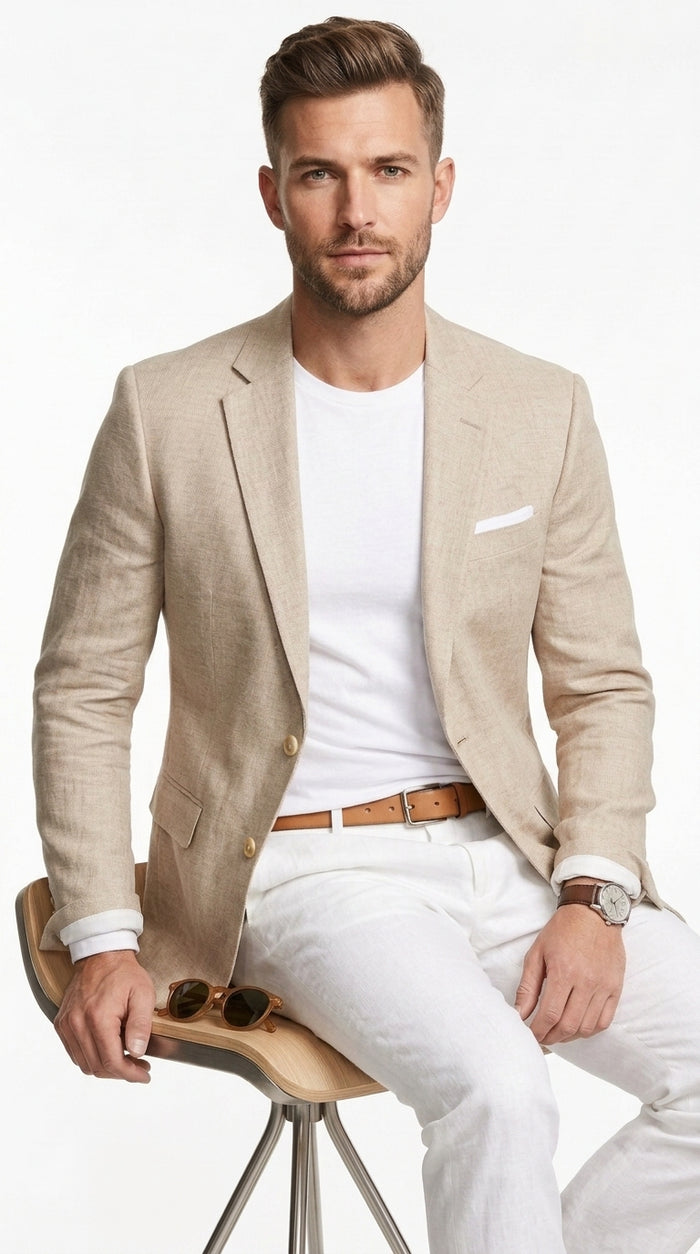 Men’s Sand Linen Cotton 2 Button Sport Coat, Long Sleeve Dress Casual Blazer