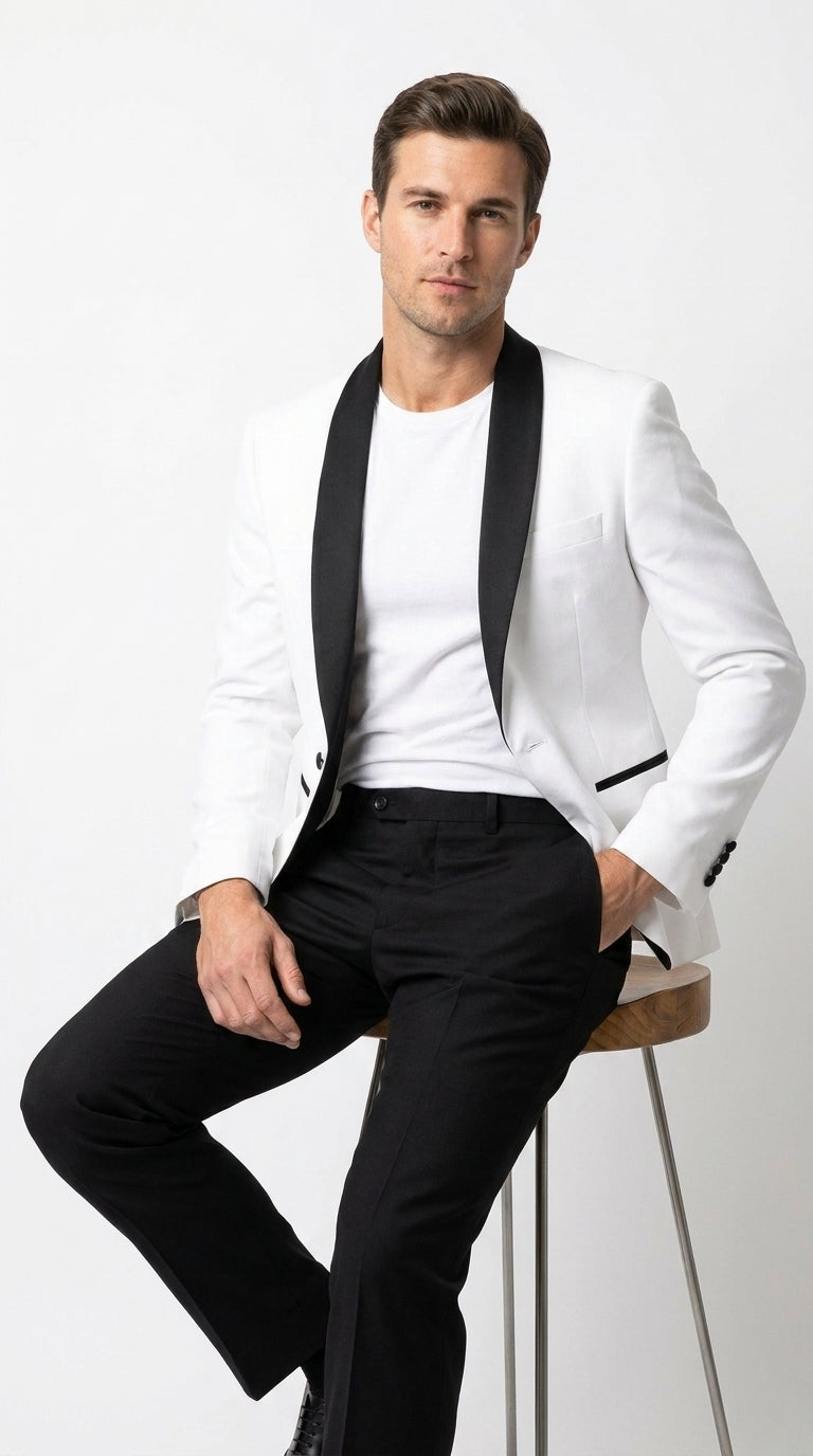 Men’s White Tuxedo Dinner Jacket with Black Shawl Lapel, Formal Wedding Prom Blazer