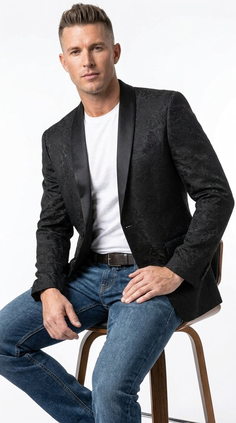 Men’s Black Paisley Jacquard Western Blazer with Satin Shawl Lapel, Formal Designer Sport Coat