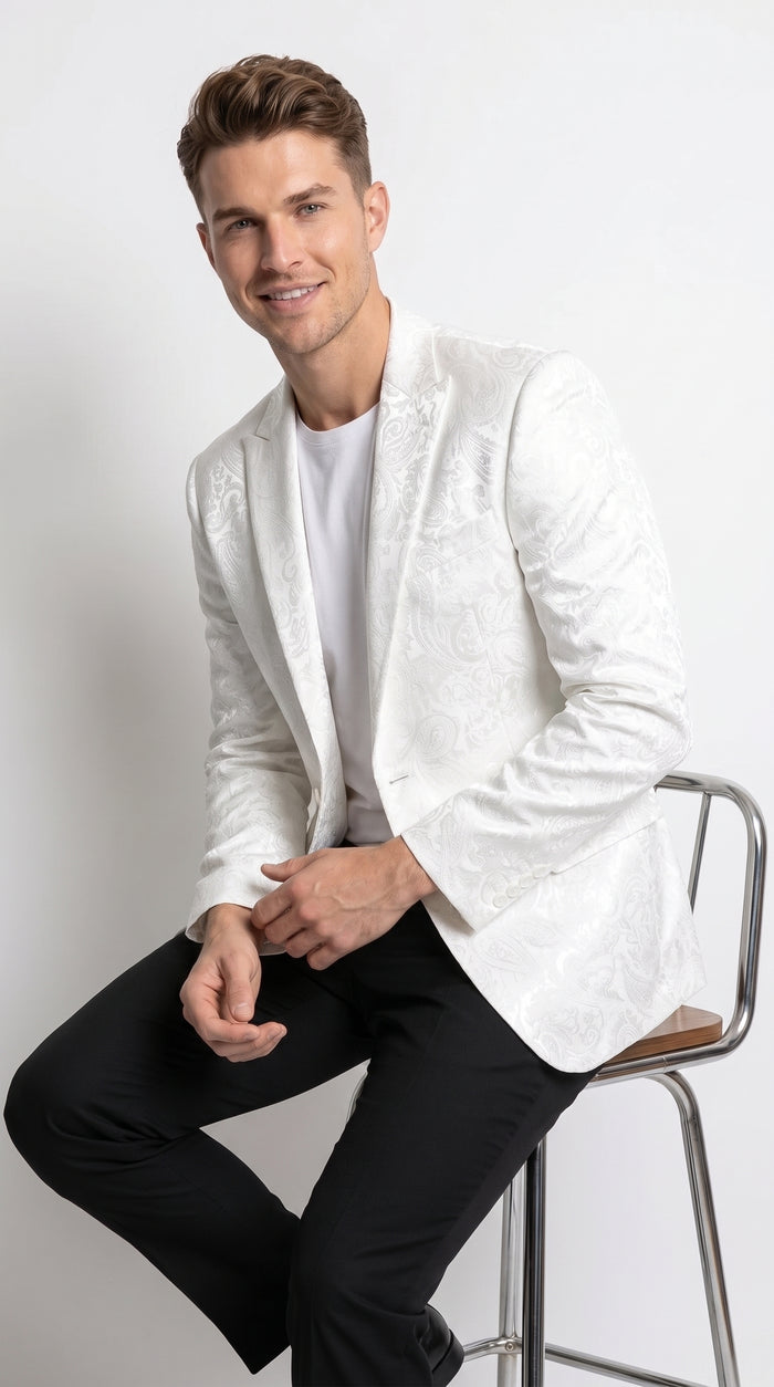 Men’s White Paisley Blazer, Formal Dinner Jacket for Wedding Prom and Special Events