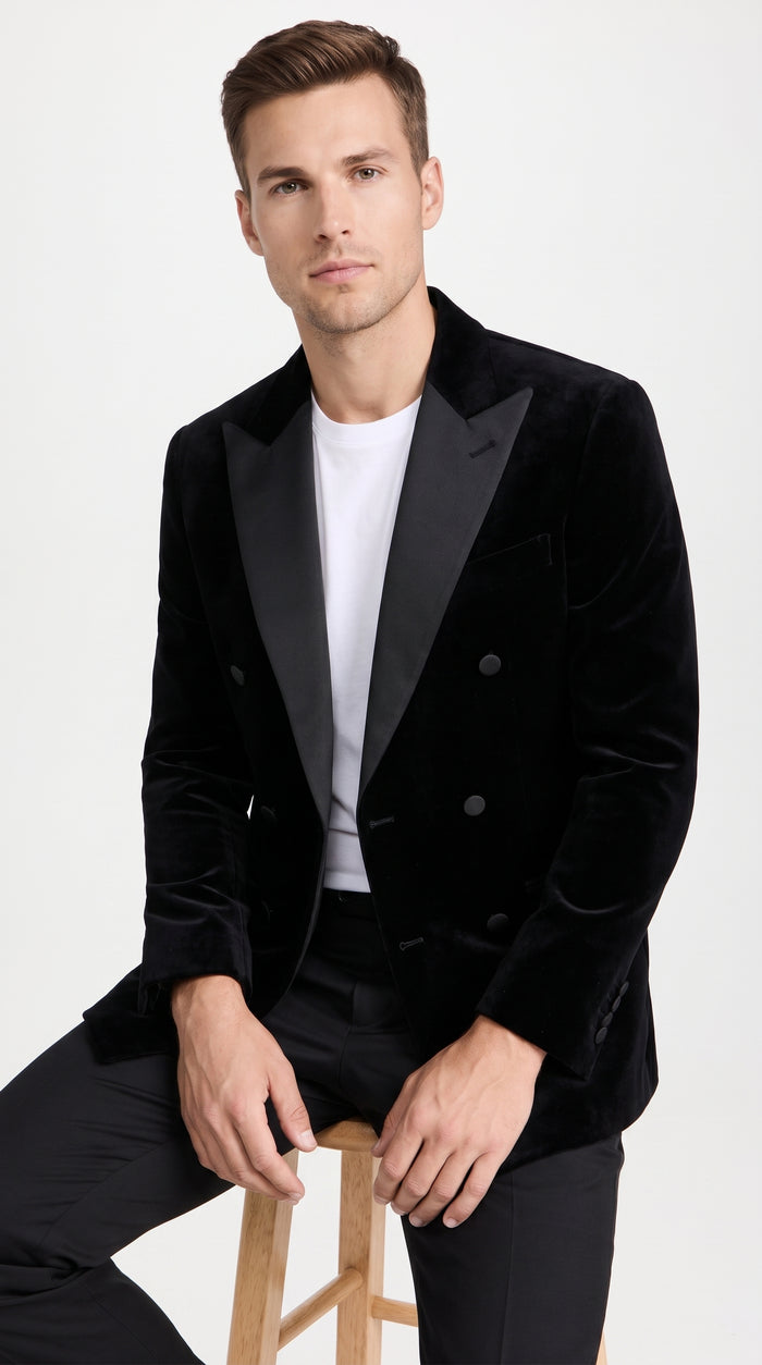 Men’s Black Velvet Double Breasted Blazer with Satin Peak Lapel, Formal Tuxedo Dinner Jacket