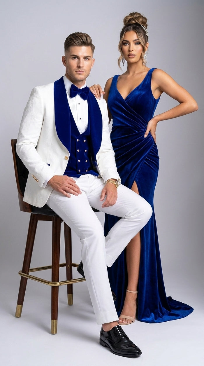 Men’s White and Royal Blue 3-Piece Tuxedo – Groom Wedding and Prom Suit with Velvet Shawl Lapel