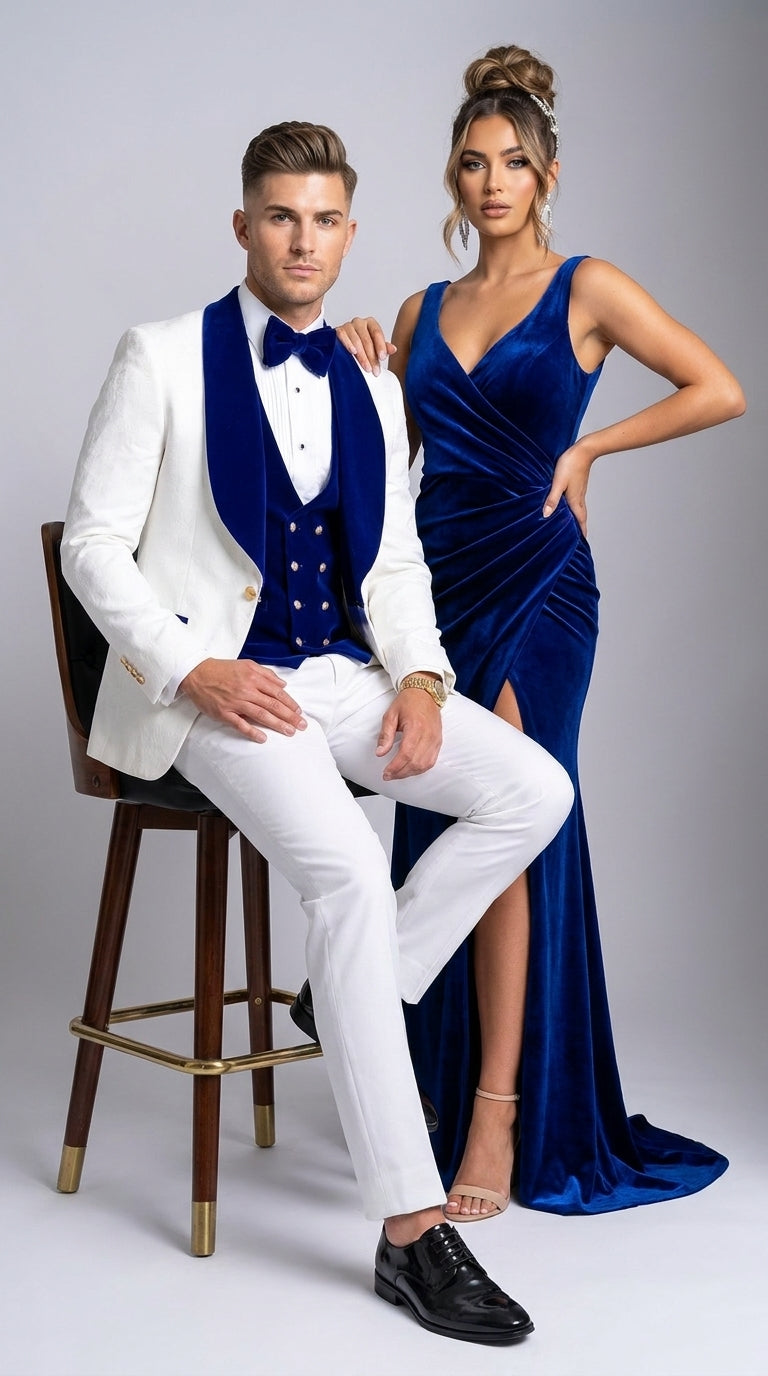 Men’s White and Royal Blue 3-Piece Tuxedo – Groom Wedding and Prom Suit with Velvet Shawl Lapel