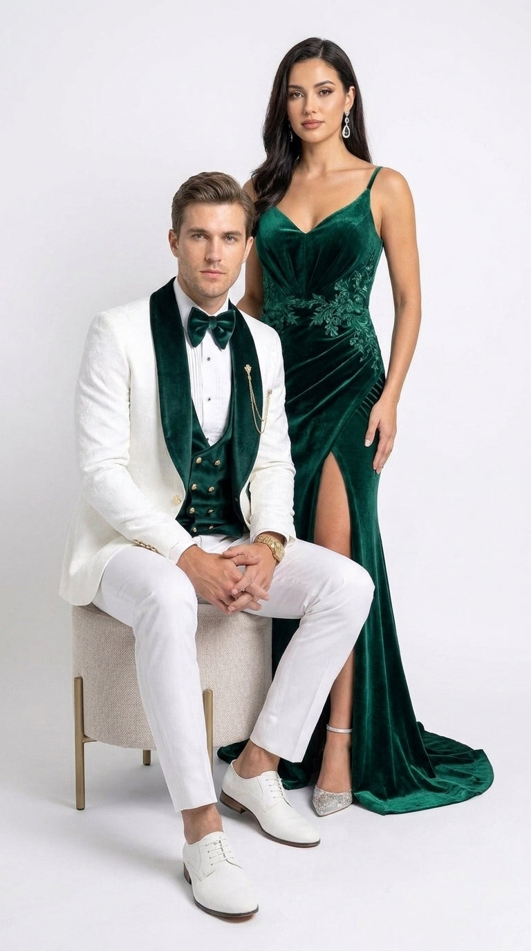 Men’s White and Dark Green 3-Piece Tuxedo – Groom Wedding and Prom Suit with Velvet Shawl Lapel