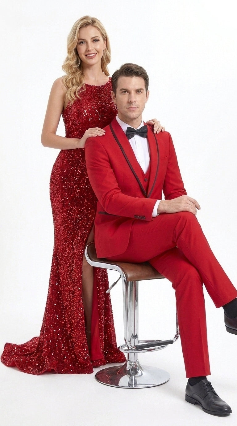 Men’s Trim Lapel Prom Tuxedo– 3 Piece Wedding Suit in Purple, Black, Red, Ivory, or Navy