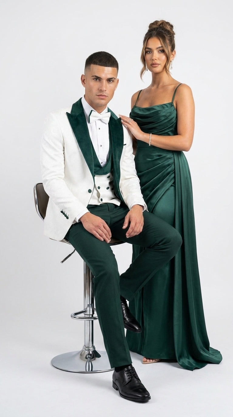 Men’s White and Hunter Green 3-Piece Wedding Tuxedo – White Dinner Jacket with Hunter Green Shawl Lapel