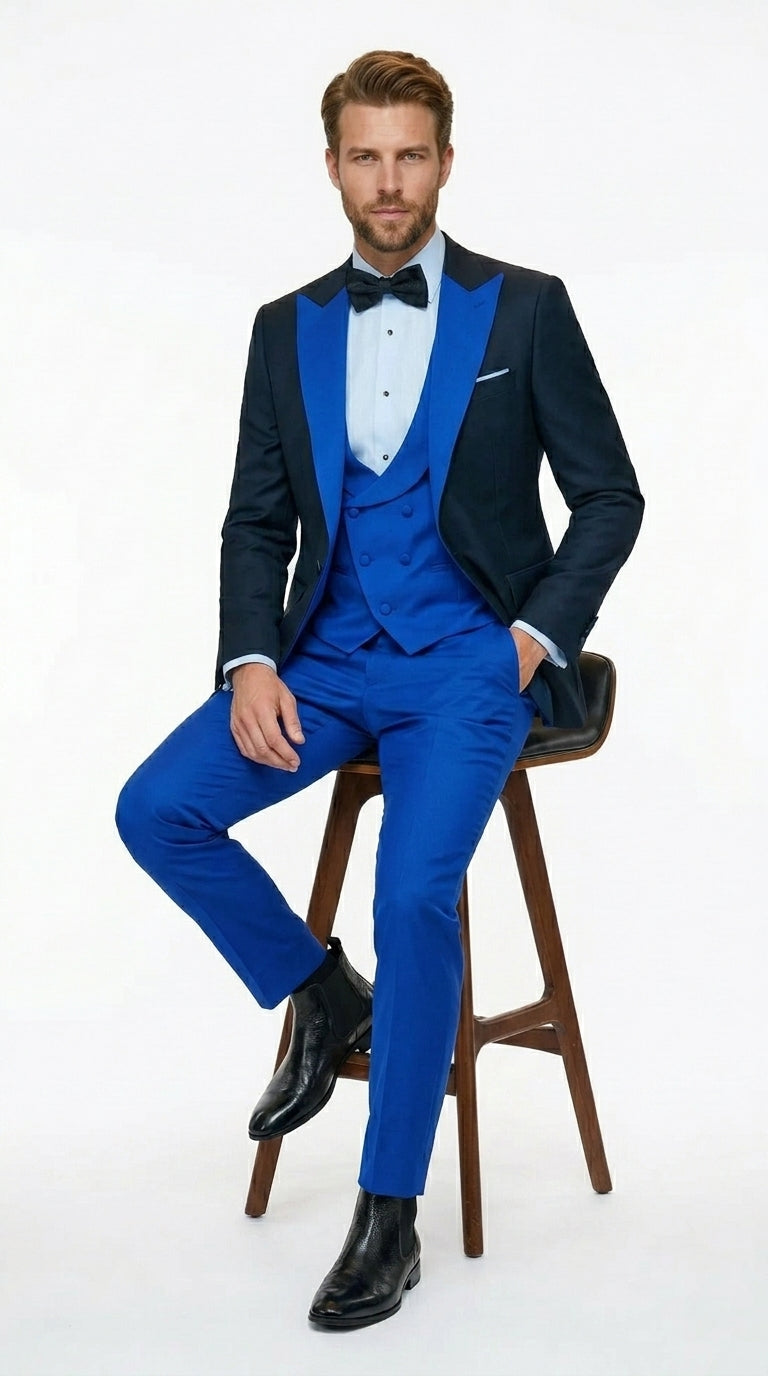 Men’s Black and Royal Blue 100% Wool Vested Tuxedo Suit with Peak Lapel, Wedding Prom Formal Suit Set