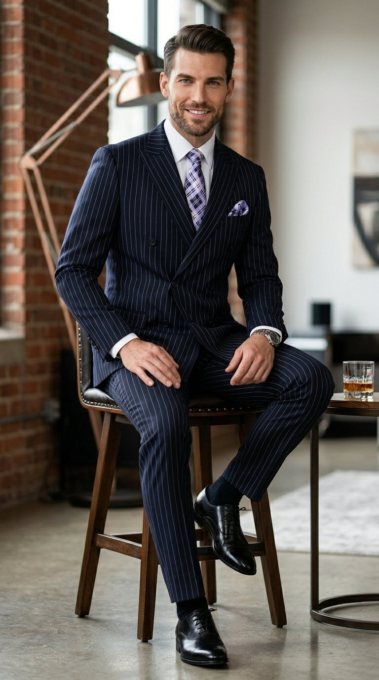 Men’s Navy Pinstripe Double Breasted Suit, Statement Formal Wedding Business Dress Suit