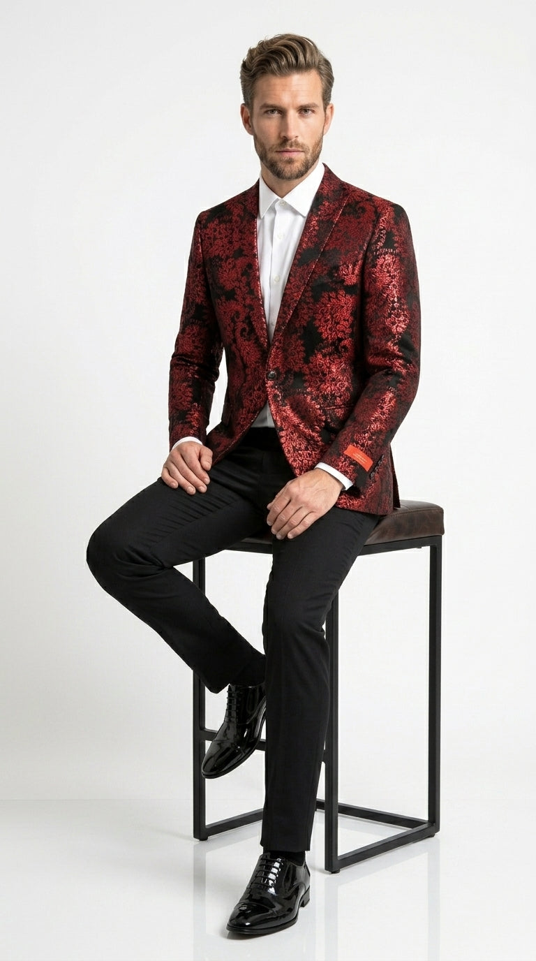 Men’s Red and Black Retro Paris Floral Suit, Designer Formal Wedding Prom Party Blazer Set