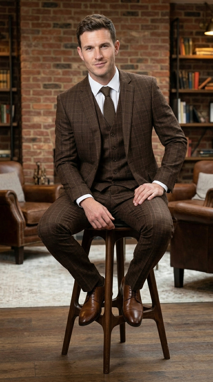 Men’s Brown Windowpane Plaid 3 Piece Suit, Classic Formal Wedding Business Dress Suit Set