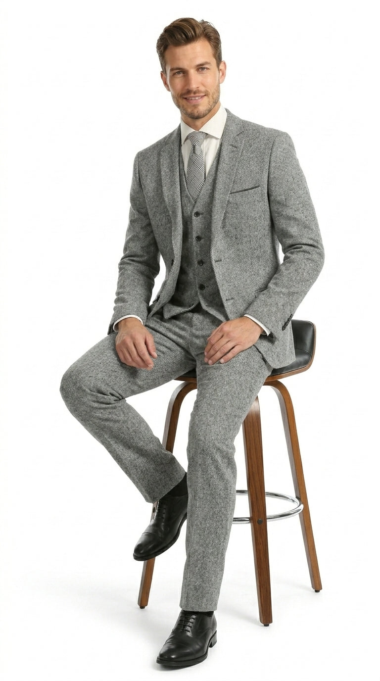 Mens Grey Tweed Three Piece Suit Vintage British Fabric Slim Fit Wedding & Business Wear