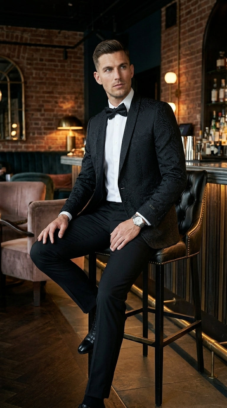 Men’s Black Floral Patterned Tuxedo Jacket, Formal Wedding Prom Dinner Blazer with Shawl Lapel