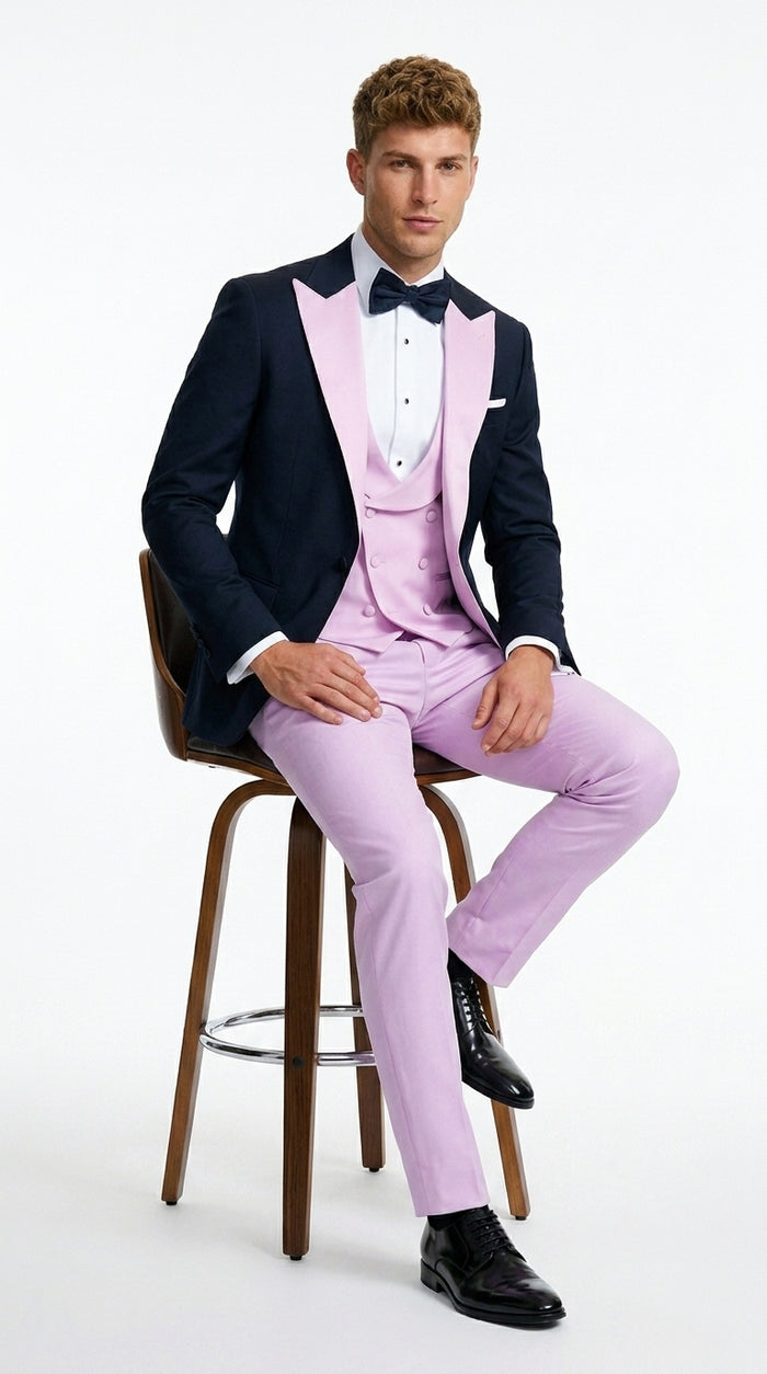 Men’s Black and Pink 100% Wool Vested Tuxedo, Peak Lapel Wedding Prom Formal Suit Set