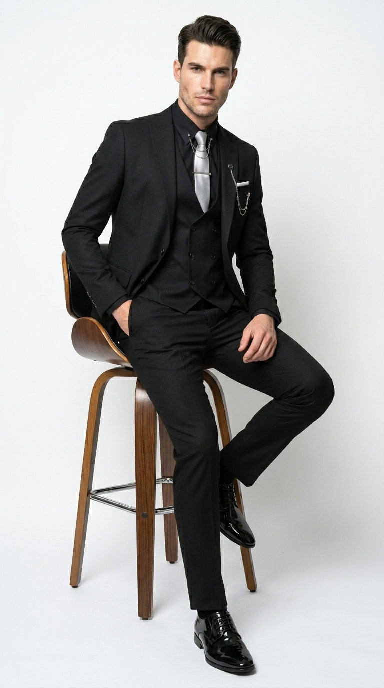 Men’s Black 3 Piece Suit with Double Breasted Vest, Formal Wedding Prom Business Dress Suit Set