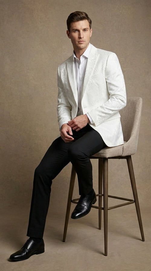Men’s White Floral Satin Dinner Jacket – Shiny Paisley Tuxedo Blazer for Wedding, Prom, Stage & Party Wear