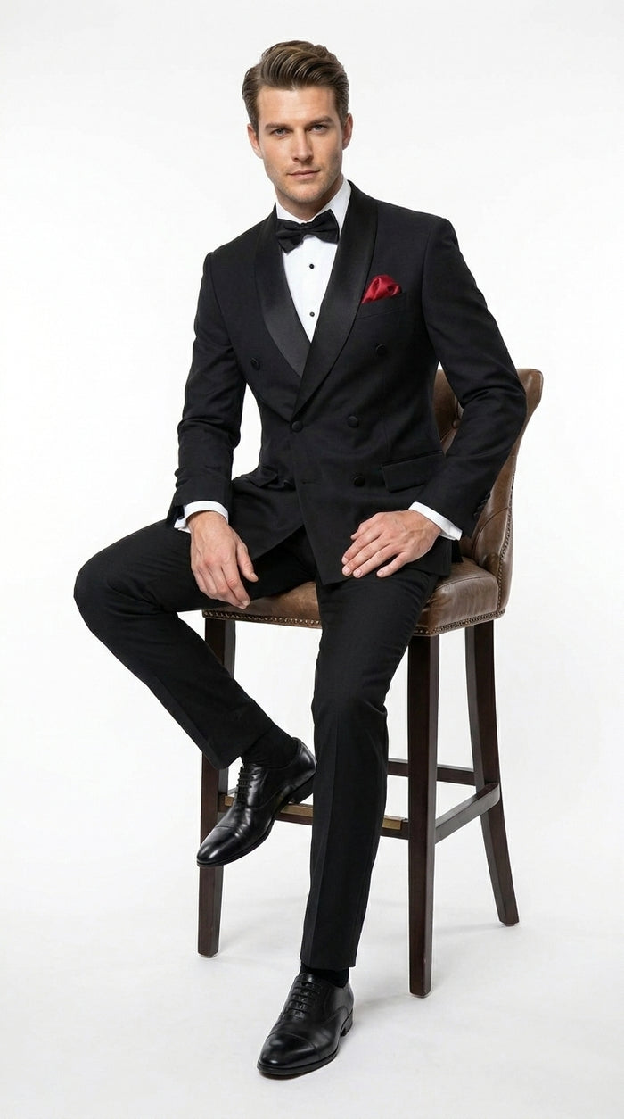 Men’s Black Six Button Double Breasted Tuxedo, 2 Piece Formal Wedding Suit