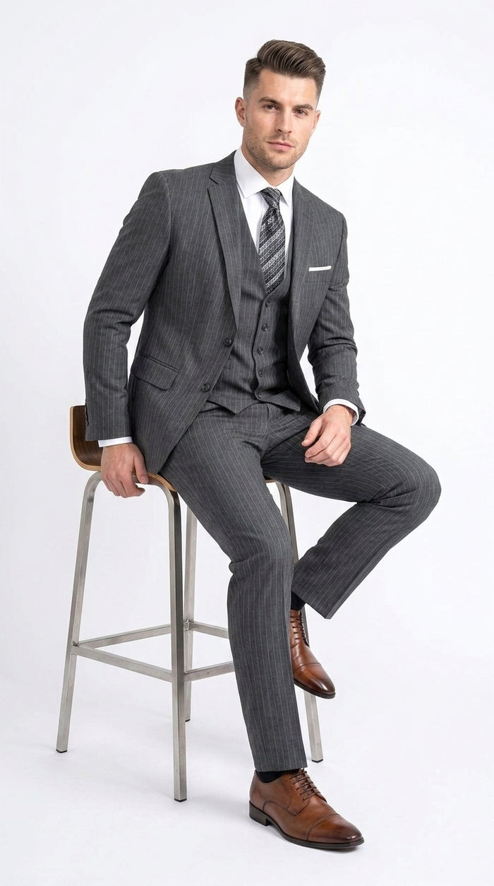 Men’s Charcoal Grey Pinstripe 2 Button Vested Suit, Modern Fit Wool Blend Formal Dress Suit