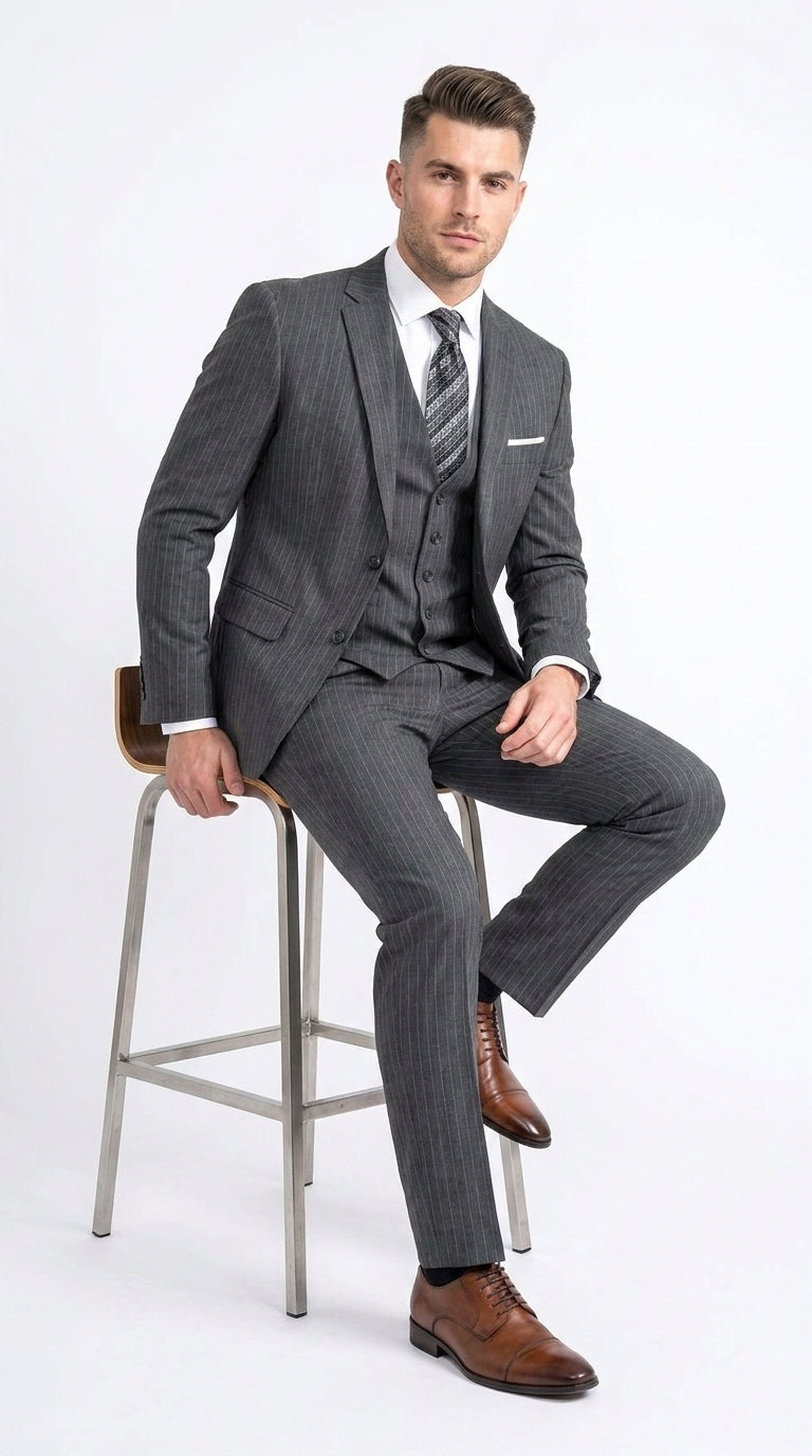 Men’s Charcoal Grey Pinstripe 2 Button Vested Suit, Modern Fit Wool Blend Formal Dress Suit