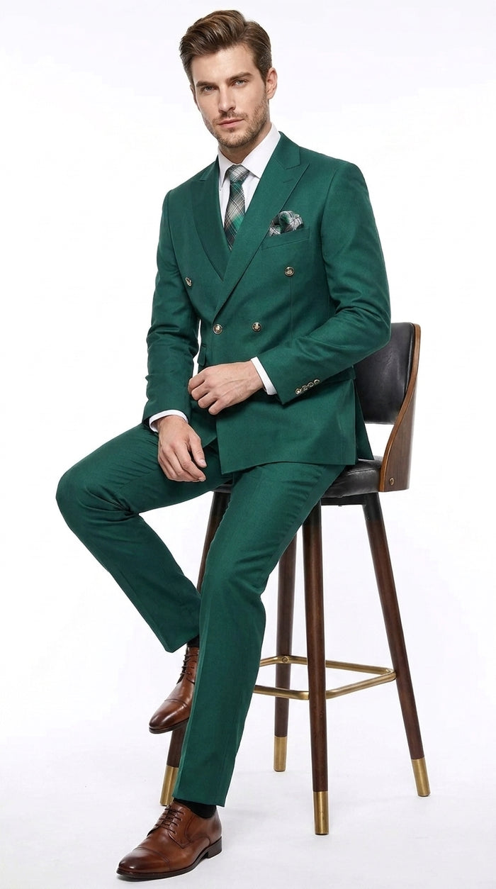 Men’s Hunter Green Double Breasted Wool Suit with Gold Buttons, Modern Fit Formal Wedding Suit
