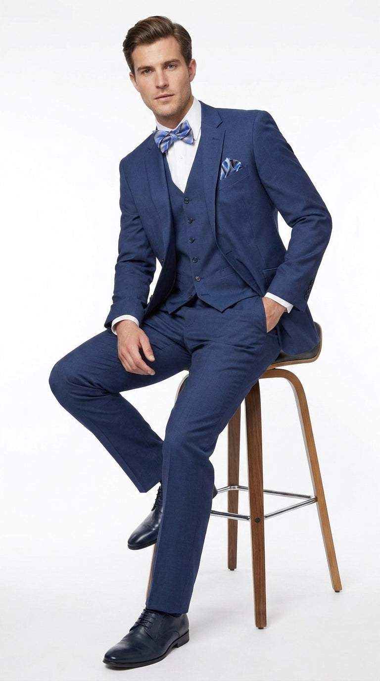 Men’s Big and Tall Indigo Blue 3 Piece Suit, Extra Long Modern Fit Wedding Business Formal Suit